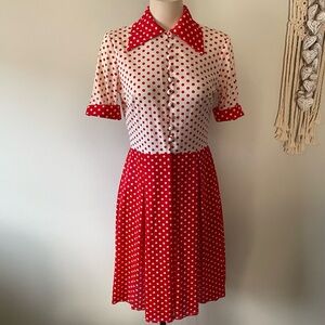 70s Vintage Windsor Polka Dot Day Dress Front Button Retro Mod Rockabilly